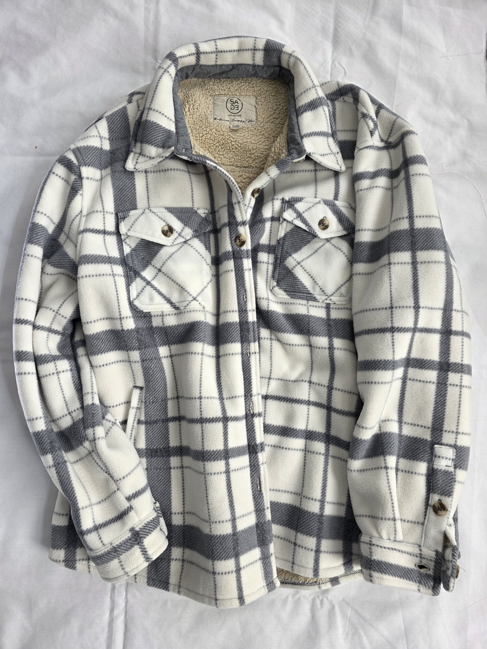 Sage Collective Plaid Fleece Sherpa-Lined Shacket Jacket - White & Gray XL